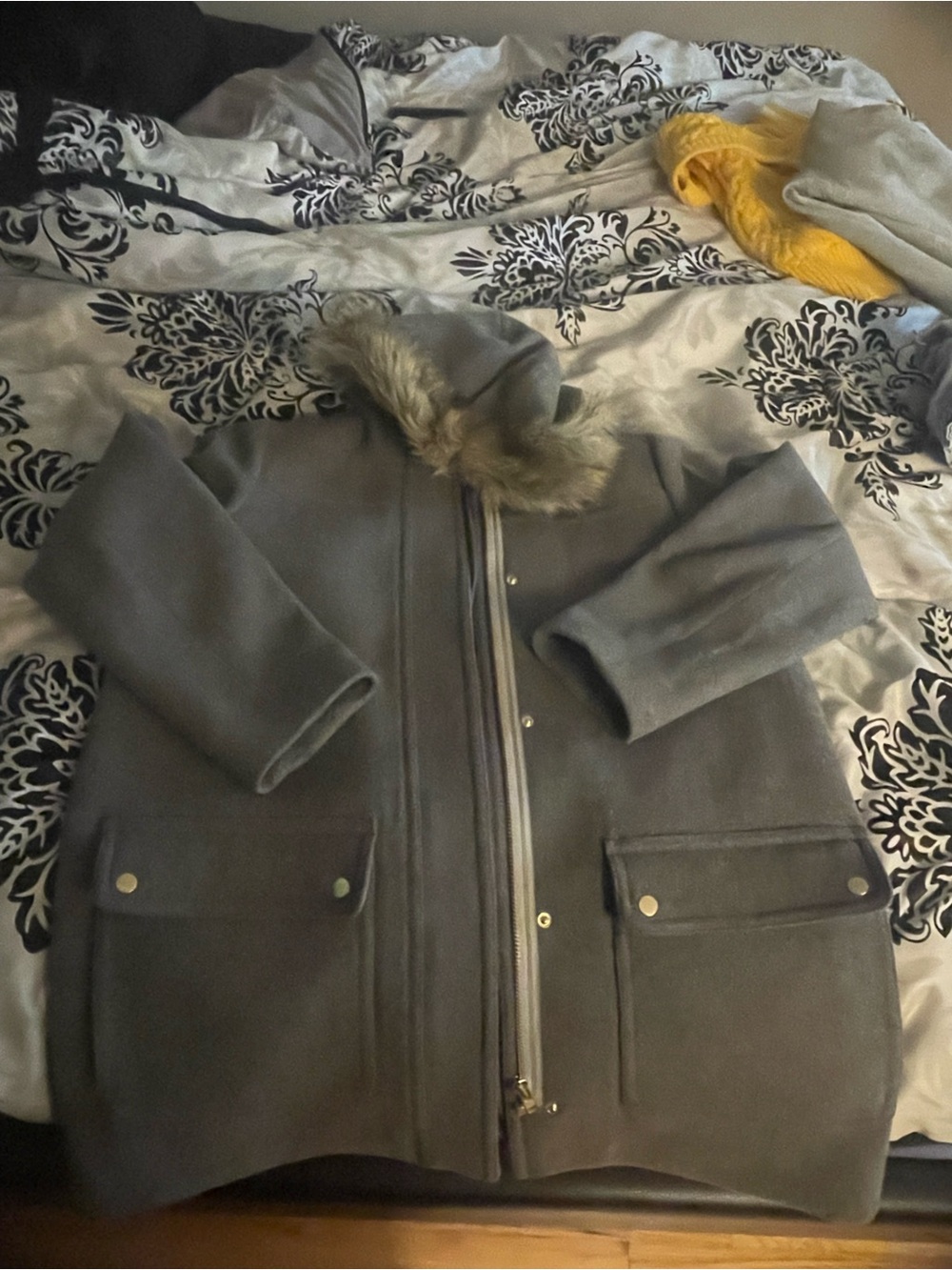 J. Crew Gray Hooded Pea Coat with Faux-Fur Trim
